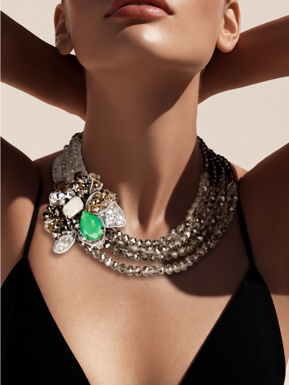 SAACHI Multi-Strand Beaded Necklace with Emerald Green Flower Accent
